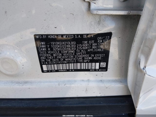 2024 Honda Hr-v 2wd Lx მანქანა იყიდება აუქციონზე, vin: 3CZRZ1H31RM717013, აუქციონის ნომერი: 44505888