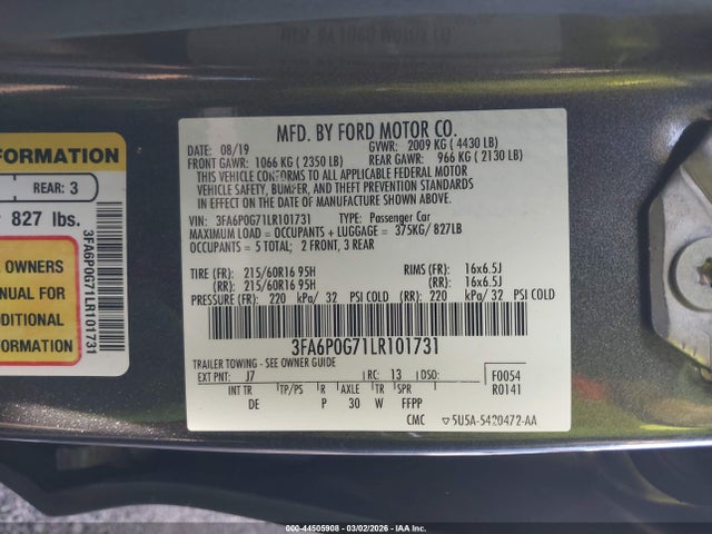 Продаж на аукціоні авто 2020 Ford Fusion S, vin: 3FA6P0G71LR101731, номер лоту: 44505908