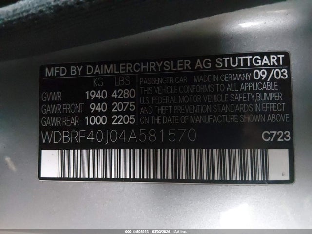 2004 Mercedes-benz C 230 Kompressor Sport/sport მანქანა იყიდება აუქციონზე, vin: WDBRF40J04A581570, აუქციონის ნომერი: 44505933