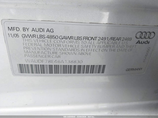 Aukcja sprzedaży 2006 Audi A4 2.0t, vin: WAUDF78E46A138830, numer aukcji: 44505940
