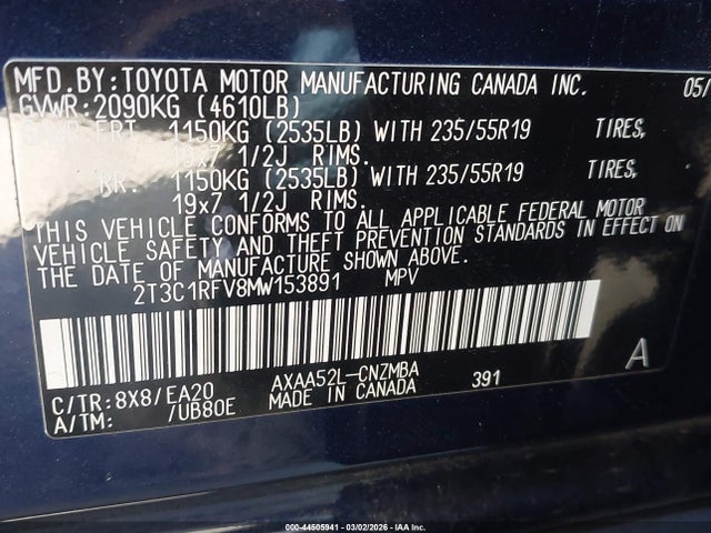 2T3C1RFV8MW153891 Toyota Rav4 Xle Premium