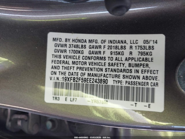 Aukcja sprzedaży 2014 Honda Civic Lx, vin: 19XFB2F59EE243890, numer aukcji: 44505963