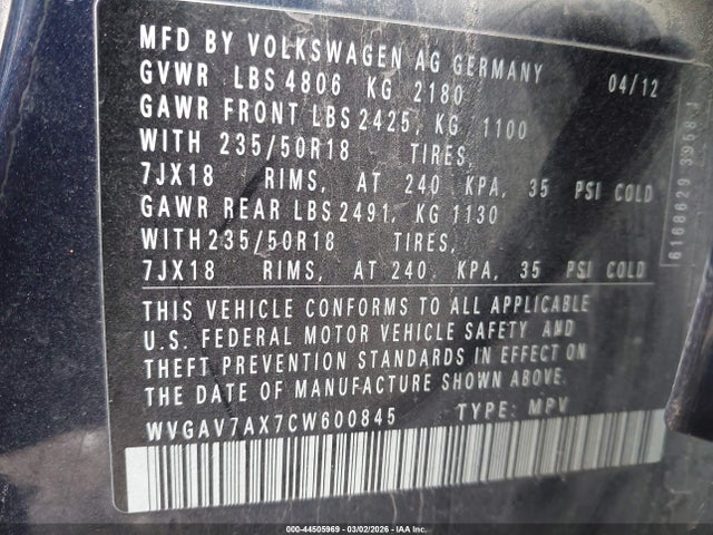 Продажа на аукционе авто 2012 Volkswagen Tiguan Se, vin: WVGAV7AX7CW600845, номер лота: 44505969