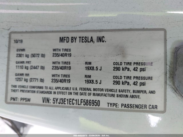 Aukcja sprzedaży 2020 Tesla Model 3 Performance Dual Motor All-wheel Drive, vin: 5YJ3E1EC1LF586950, numer aukcji: 44505970