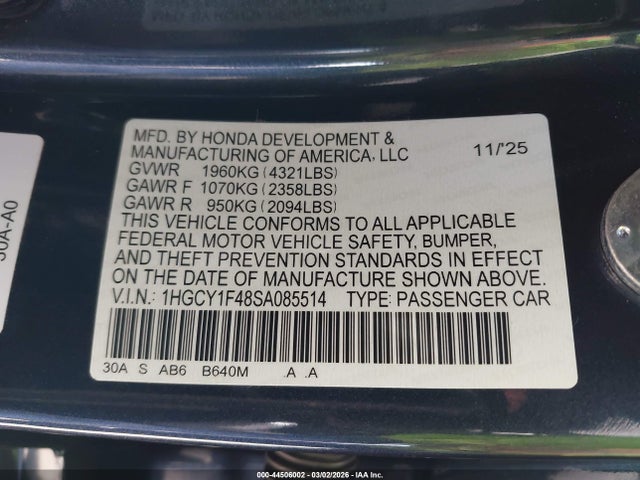 1HGCY1F48SA085514 Honda ACCORD SE