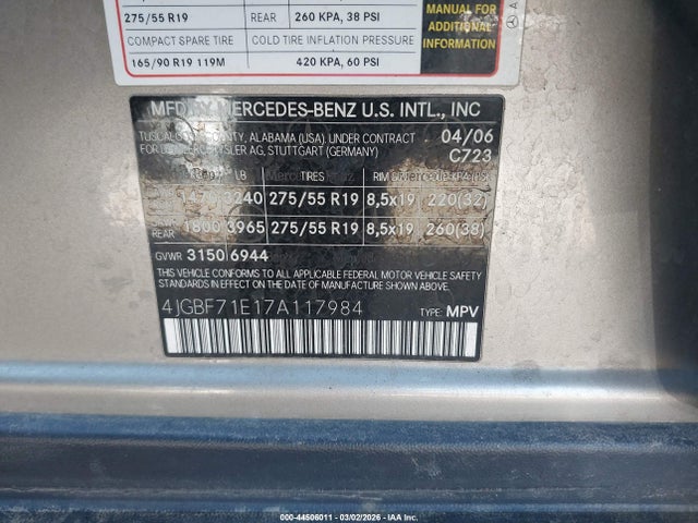 2007 Mercedes-benz Gl 450 4matic მანქანა იყიდება აუქციონზე, vin: 4JGBF71E17A117984, აუქციონის ნომერი: 44506011