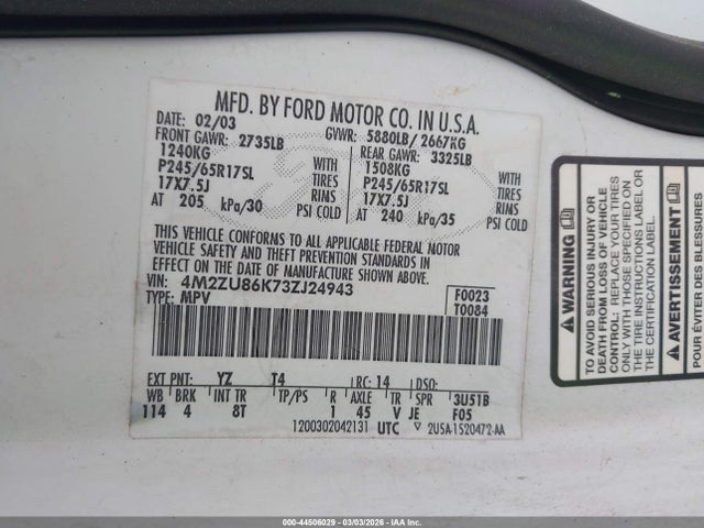 2003 Mercury Mountaineer მანქანა იყიდება აუქციონზე, vin: 4M2ZU86K73ZJ24943, აუქციონის ნომერი: 44506029