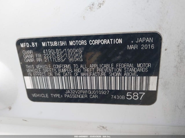Продаж на аукціоні авто 2016 Mitsubishi Lancer Es, vin: JA32V2FW1GU010927, номер лоту: 44506051