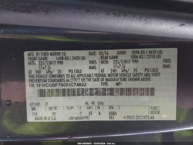 Продаж на аукціоні авто 2016 Ford Escape S, vin: 1FMCU0F70GUC74822, номер лоту: 44506061