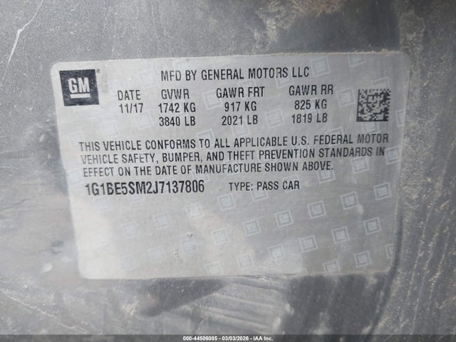 Продаж на аукціоні авто 2018 Chevrolet Cruze Lt Auto, vin: 1G1BE5SM2J7137806, номер лоту: 44506085