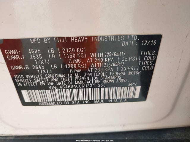 Продаж на аукціоні авто 2017 Subaru Outback 2.5i Premium, vin: 4S4BSACC6H3315356, номер лоту: 44506108