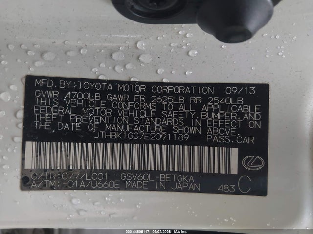 44506117 :رقم المزاد ، JTHBK1GG7E2091189 vin ، 2014 Lexus Es 350 مزاد بيع