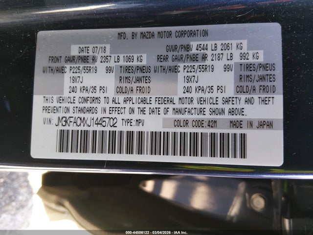 44506122 :رقم المزاد ، JM3KFACMXJ1445702 vin ، 2018 Mazda Cx-5 Touring مزاد بيع