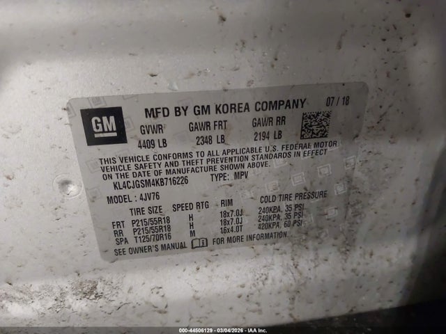 2019 Buick Encore Awd Essence მანქანა იყიდება აუქციონზე, vin: KL4CJGSM4KB716226, აუქციონის ნომერი: 44506129