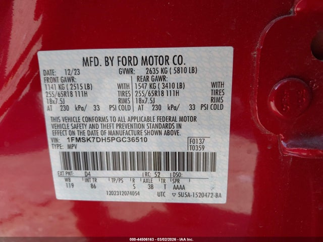 Продаж на аукціоні авто 2023 Ford Explorer Xlt, vin: 1FMSK7DH5PGC36510, номер лоту: 44506163