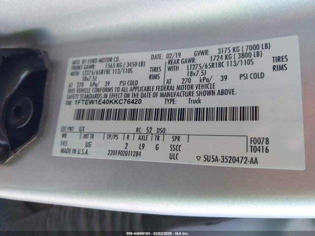 Продажа на аукционе авто 2019 Ford F-150 Xlt, vin: 1FTEW1E40KKC76420, номер лота: 44506165