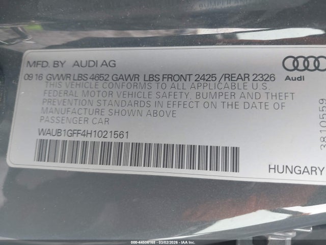 44506168 :رقم المزاد ، WAUB1GFF4H1021561 vin ، 2017 Audi S3 2.0t Premium Plus مزاد بيع