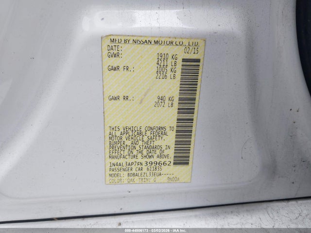 1N4AL3AP7FN399662 Nissan Altima 2.5/2.5 S/2.5 Sl/2.5 Sv