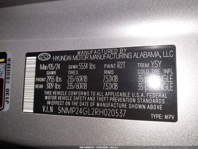 Продажа на аукционе авто 2024 Hyundai Santa Fe Sel, vin: 5NMP24GL2RH020537, номер лота: 44506191