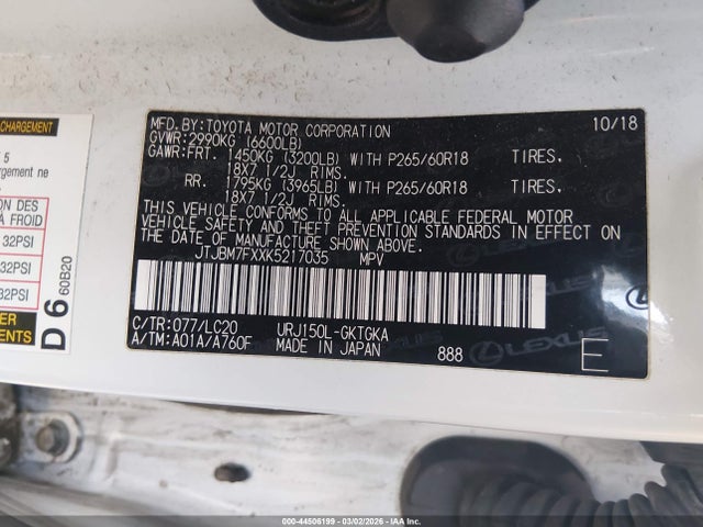 Aukcja sprzedaży 2019 Lexus Gx 460 Premium, vin: JTJBM7FXXK5217035, numer aukcji: 44506199