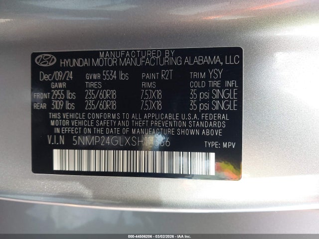 44506206 :رقم المزاد ، 5NMP24GLXSH111366 vin ، 2025 Hyundai Santa Fe Sel مزاد بيع