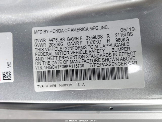 2019 Honda Accord Sport მანქანა იყიდება აუქციონზე, vin: 1HGCV1F36KA115738, აუქციონის ნომერი: 44506218
