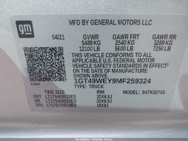 1GT49WEY9MF259324 GMC Sierra 3500hd 4wd Standard Bed Denali