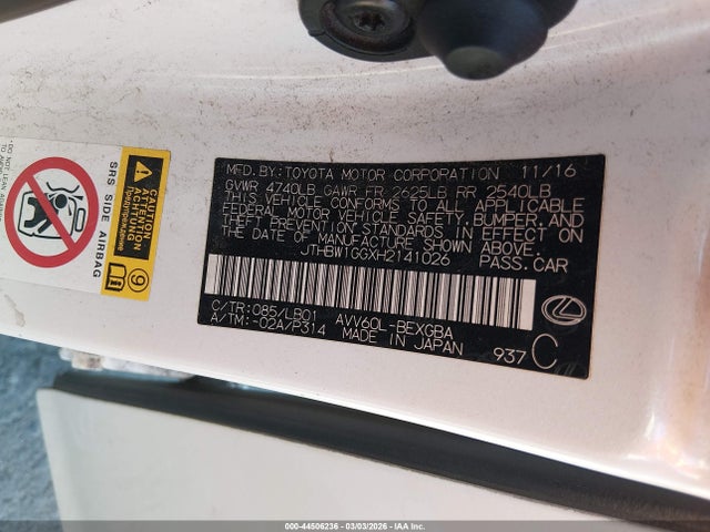 Aukcja sprzedaży 2017 Lexus Es 300h, vin: JTHBW1GGXH2141026, numer aukcji: 44506236