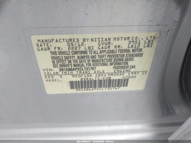 Aukcja sprzedaży 2012 Nissan Sentra 2.0 S, vin: 3N1AB6APXCL731767, numer aukcji: 44506237