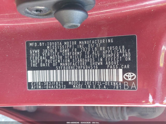 Toyota COROLLA LE 2017 5YFBURHE2HP694516 Image 9
