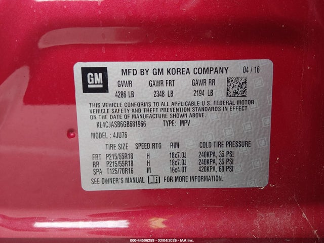 44506259 :رقم المزاد ، KL4CJASB6GB681966 vin ، 2016 Buick Encore مزاد بيع