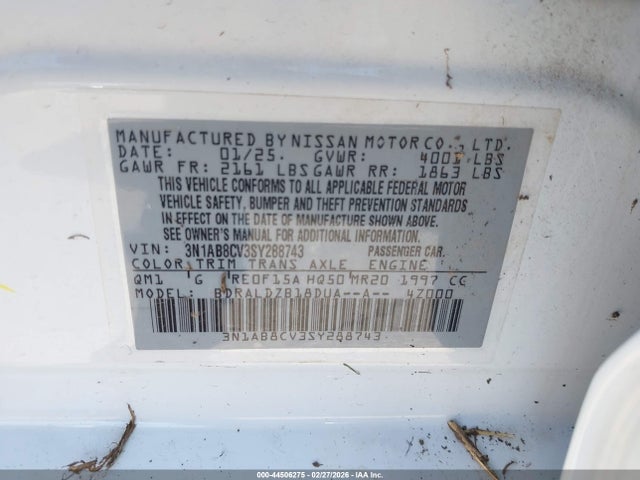 3N1AB8CV3SY288743 Nissan SENTRA SV