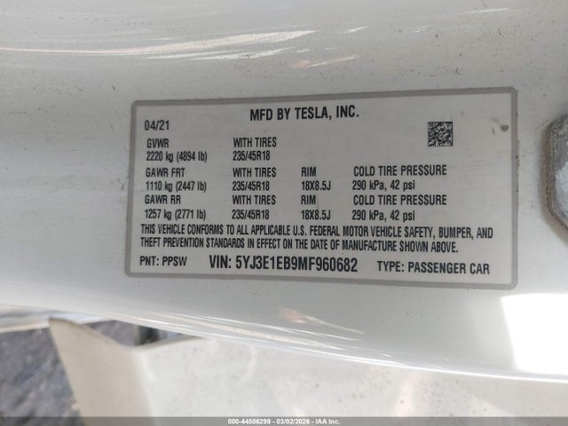 Aukcja sprzedaży 2021 Tesla Model 3 Long Range Dual Motor All-wheel Drive, vin: 5YJ3E1EB9MF960682, numer aukcji: 44506299