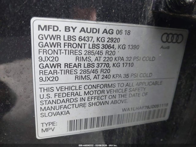 44506332 :رقم المزاد ، WA1LHAF76JD051118 vin ، 2018 Audi Q7 2.0t Premium مزاد بيع
