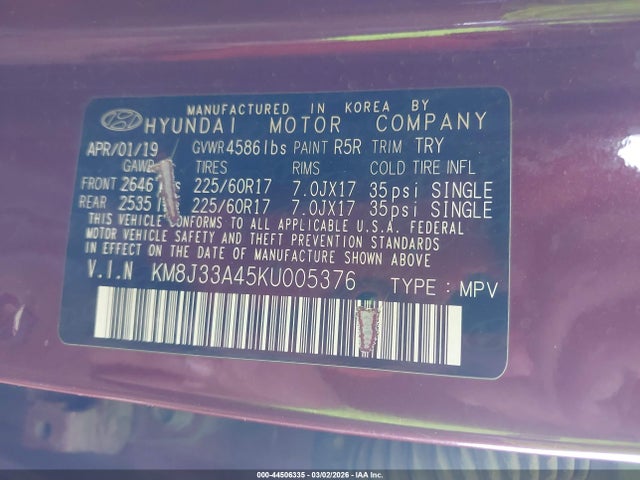 2019 HYUNDAI TUCSON KM8J33A45KU005376 Photo 8