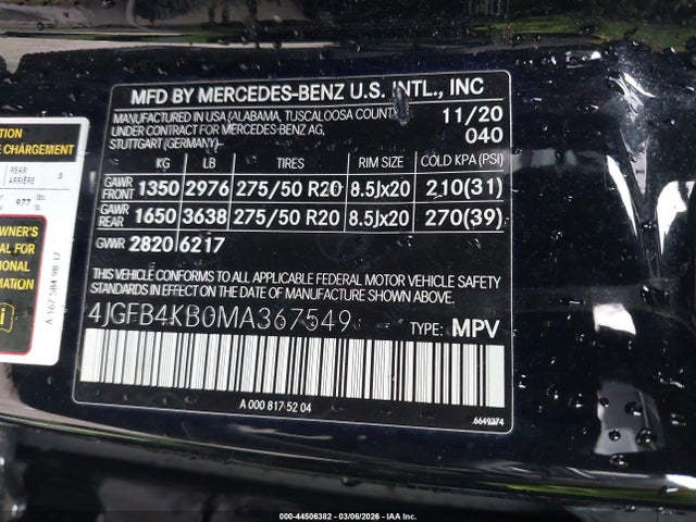 44506382 :رقم المزاد ، 4JGFB4KB0MA367549 vin ، 2021 Mercedes-benz Gle 350 4matic مزاد بيع