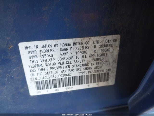 2006 Acura Tsx მანქანა იყიდება აუქციონზე, vin: JH4CL96866C020667, აუქციონის ნომერი: 44506385