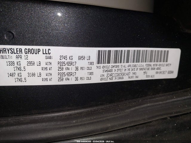 44506388 :رقم المزاد ، 2C4RC1CG0CR301407 vin ، 2012 Chrysler Town & Country Touring-l مزاد بيع