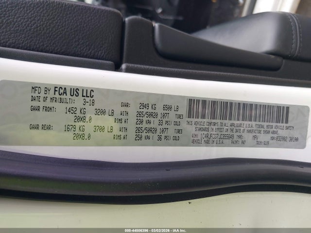 44506396 :رقم المزاد ، 1C4RJFCG7JC355649 vin ، 2018 Jeep Grand Cherokee Overland 4x4 مزاد بيع