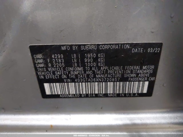 2022 Subaru Impreza Premium 5-door მანქანა იყიდება აუქციონზე, vin: 4S3GTAD6XN3720857, აუქციონის ნომერი: 44506433