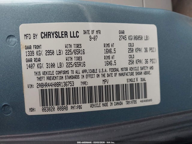 Продаж на аукціоні авто 2008 Chrysler Town & Country Lx, vin: 2A8HR44H08R136753, номер лоту: 44506446