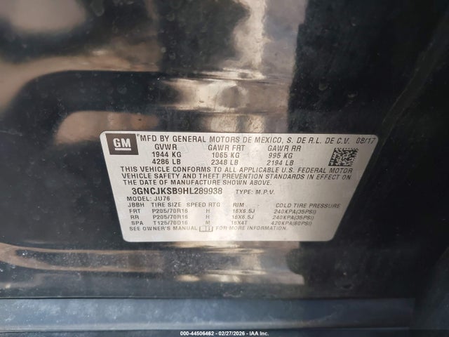 2017 Chevrolet Trax Ls მანქანა იყიდება აუქციონზე, vin: 3GNCJKSB9HL289938, აუქციონის ნომერი: 44506462
