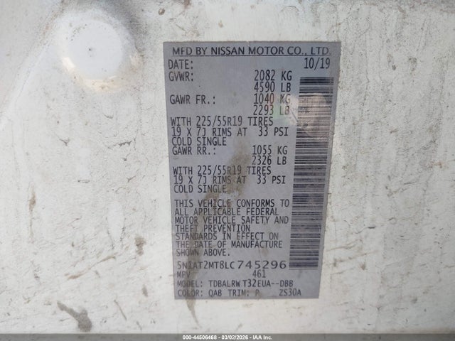 2020 Nissan Rogue Sl Fwd მანქანა იყიდება აუქციონზე, vin: 5N1AT2MT8LC745296, აუქციონის ნომერი: 44506468