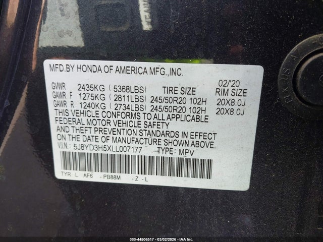 Aukcja sprzedaży 2020 Acura Mdx Technology Package, vin: 5J8YD3H5XLL007177, numer aukcji: 44506517