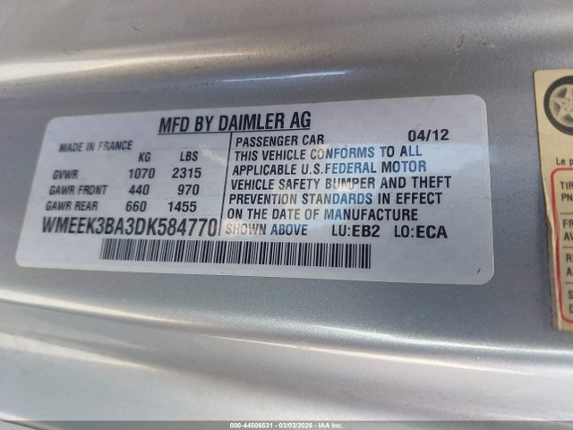 Продажа на аукционе авто 2013 Smart Fortwo Passion, vin: WMEEK3BA3DK584770, номер лота: 44506531