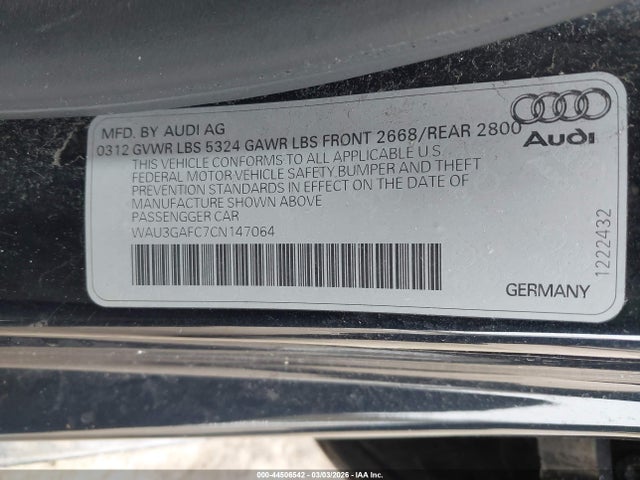 44506542 :رقم المزاد ، WAU3GAFC7CN147064 vin ، 2012 Audi A7 Premium مزاد بيع