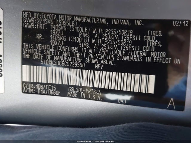 Продаж на аукціоні авто 2012 Toyota Sienna Se 8 Passenger, vin: 5TDXK3DC6CS229590, номер лоту: 44506545
