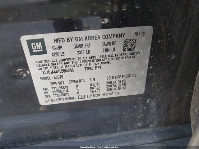 44506550 :رقم المزاد ، KL4CJASB1LB053565 vin ، 2020 Buick Encore Fwd Preferred مزاد بيع