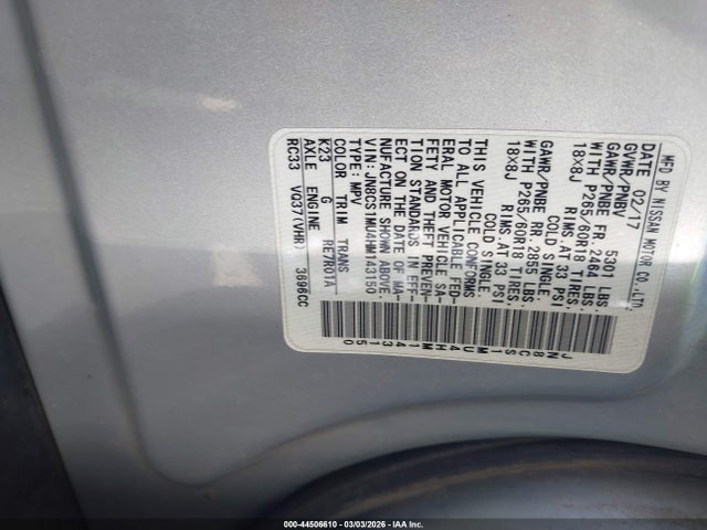 Aukcja sprzedaży 2017 Infiniti Qx70, vin: JN8CS1MU4HM143150, numer aukcji: 44506610