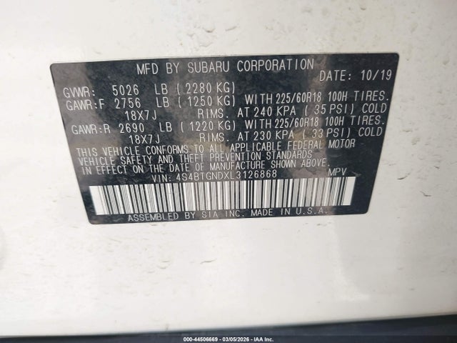 Продажа на аукционе авто 2020 Subaru Outback Limited Xt, vin: 4S4BTGNDXL3126868, номер лота: 44506669